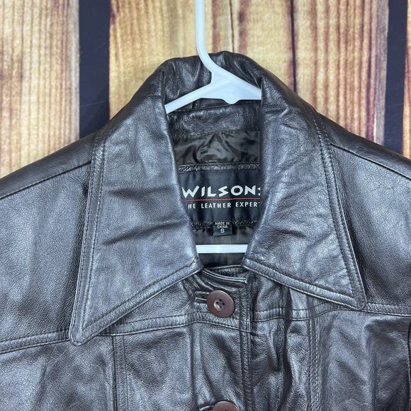 Wilsons Leather Womens S Brown Genuine Leather Belted Trench Coat Y2K Mid Length - Picture 2 of 11